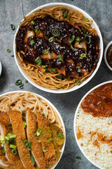 Teriyaki Grilled Chicken Noodles, Katsu Chicken Noodle, Butter Chicken with Rice served in bowl isolated on grey background closeup top view of assorted japanese food verity assortment