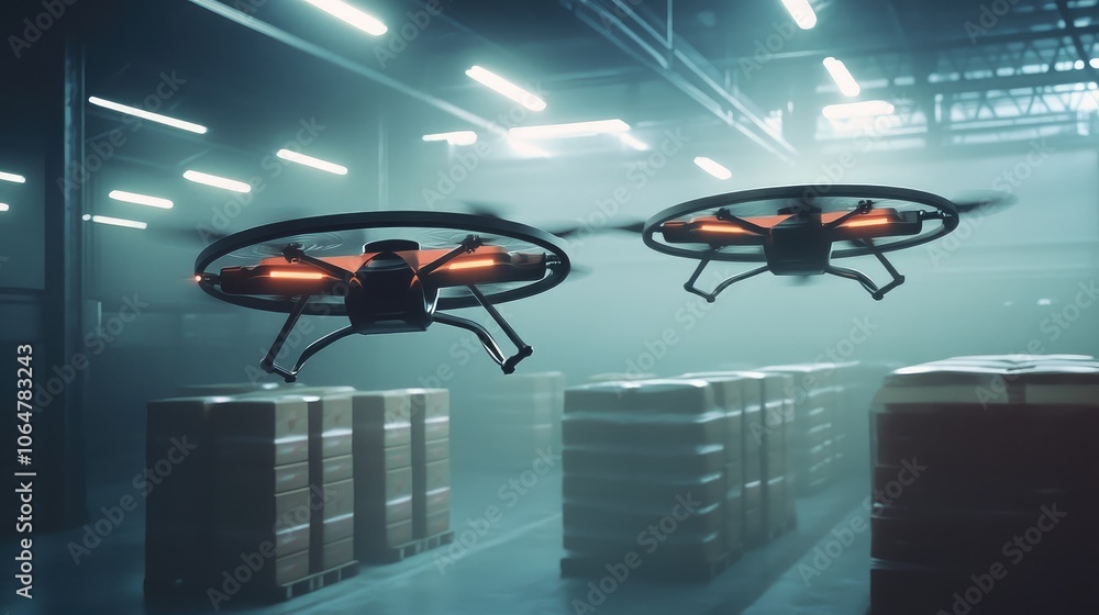 Poster high-tech delivery drones in flight within a warehouse, highlighting the impact of robotics on logis