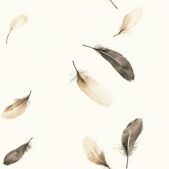 Assortment of soft, light feathers gently floating on a white background capturing a sense of calmness and natural beauty