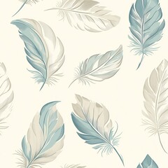 Obraz premium Elegant seamless pattern of hand-drawn feathers in shades of blue and beige on a light cream background for design