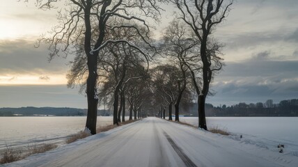 Obraz premium Snow fall on the road isolated background. Winter snowy flake snow falling on the road with trees. Snowflake winter season isolated road path way background