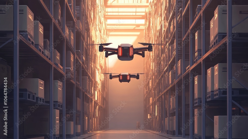 Poster modern delivery drones navigating through warehouse aisles, emphasizing the efficiency of autonomous