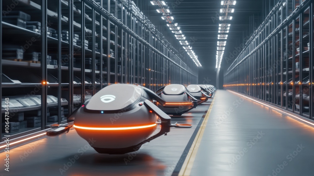 Poster modern delivery drones navigating through warehouse aisles, emphasizing the efficiency of autonomous