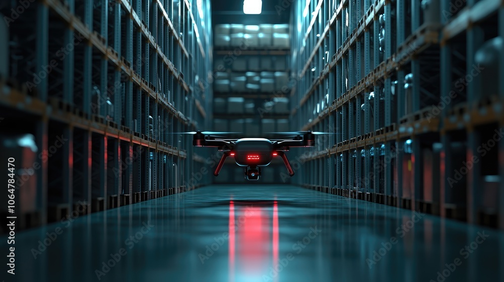Poster modern delivery drones navigating through warehouse aisles, emphasizing the efficiency of autonomous