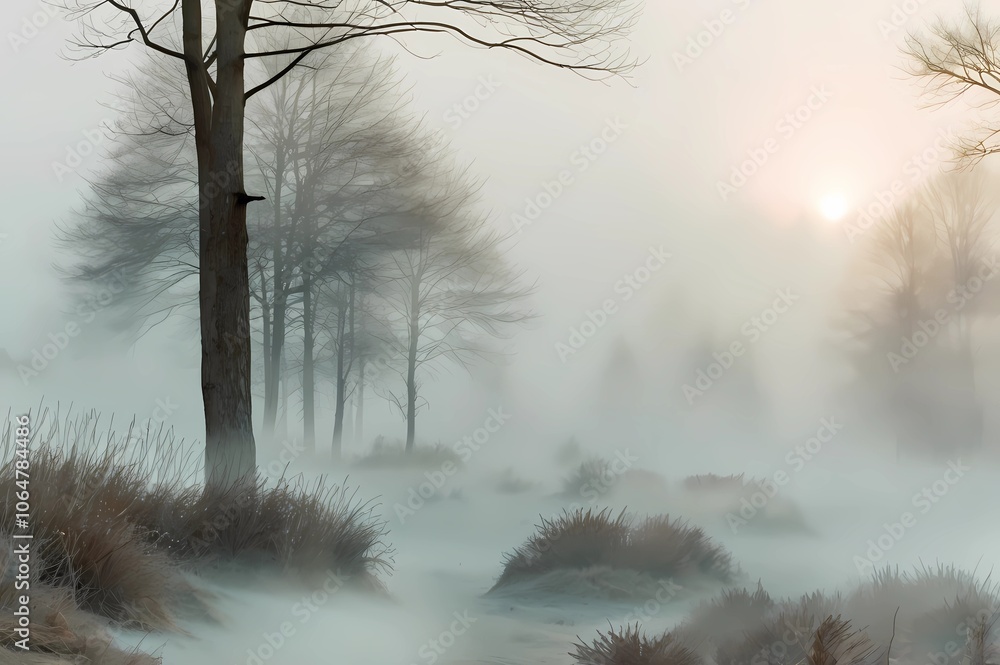 Wall mural a sunlight foggy scene with nature in the background