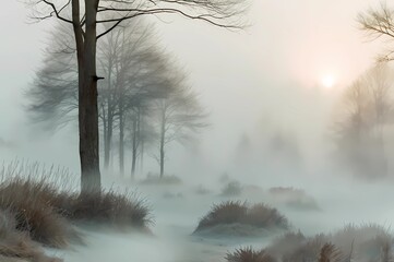 A  sunlight foggy scene with nature in the background
