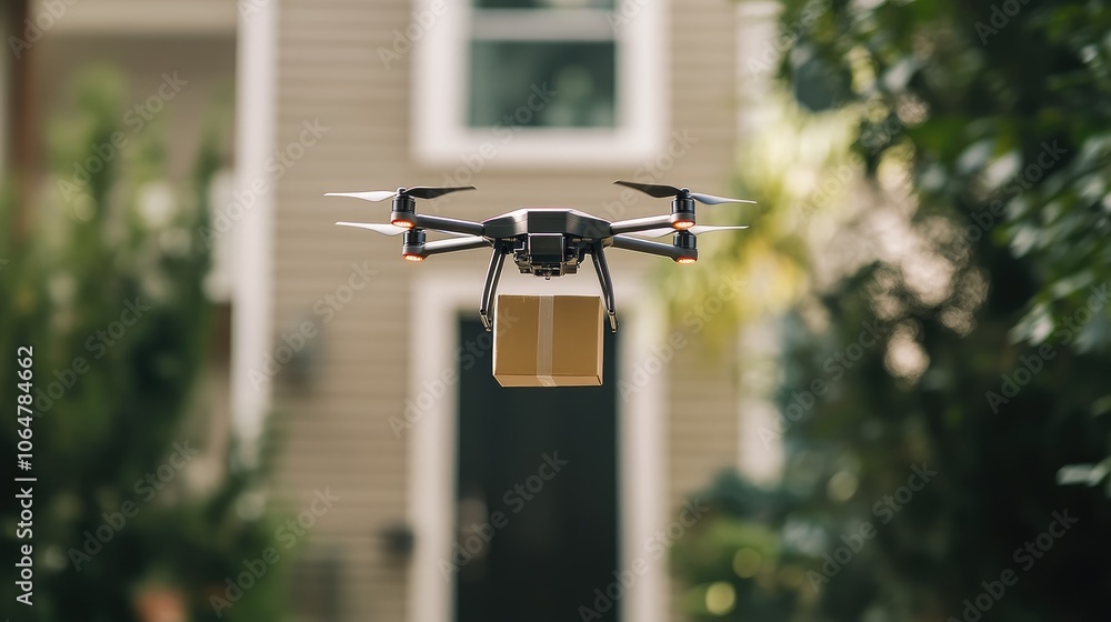Poster modern drone in flight with a brown package, clean white background emphasizing autonomous delivery 