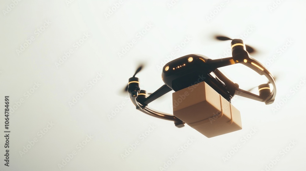 Poster modern drone in flight with a brown package, clean white background emphasizing autonomous delivery 