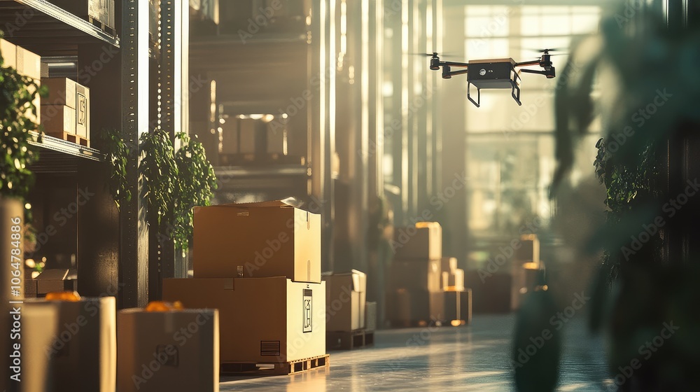 Poster modern warehouse scene with a delivery drone flying by, brown box in tow, showcasing the use of robo
