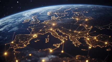 Europe at night with glowing city lights. This image depicts the interconnectedness of the continent, representing global communication and trade.
