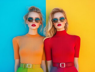 Two stylish women in coordinated orange and red outfits with sunglasses pose against a vibrant blue and yellow background, highlighting bold color blocking and modern fashion.