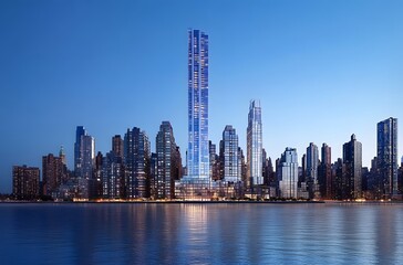 Fototapeta premium Modern Skyscrapers Along a City Waterfront at Dusk