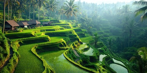 Fototapeta premium Lush green rice terraces in a tropical landscape, showcasing agricultural beauty.