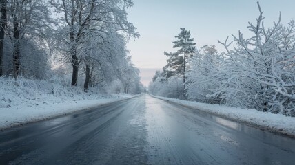 Obraz premium Snow fall on the road isolated background. Winter snowy flake snow falling on the road with trees. Snowflake winter season isolated road path way background