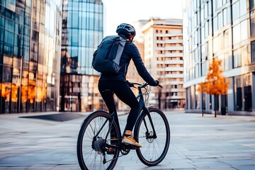 A person riding a bicycle in an urban environment, surrounded by modern buildings, with a backpack and a helmet