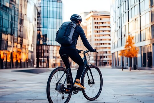 A person riding a bicycle in an urban environment, surrounded by modern buildings, with a backpack and a helmet