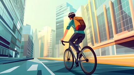 Fototapeta premium A person riding a bicycle in an urban environment, surrounded by modern buildings, with a backpack and a helmet