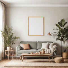 Muted Colors Vintage Living Room with Blank Poster Mockup