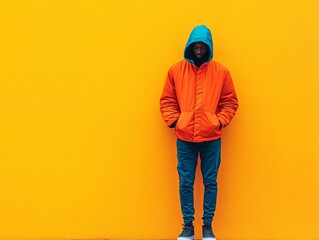 Fototapeta premium Person in an orange jacket with a blue hood stands against a bright yellow wall, creating a bold, minimalist look that emphasizes vibrant color contrast and urban style.