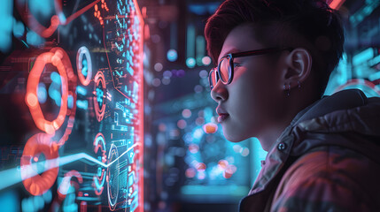 Teenager learning to create neon signs in hi-tech environment, with AI glowing graphic overlays