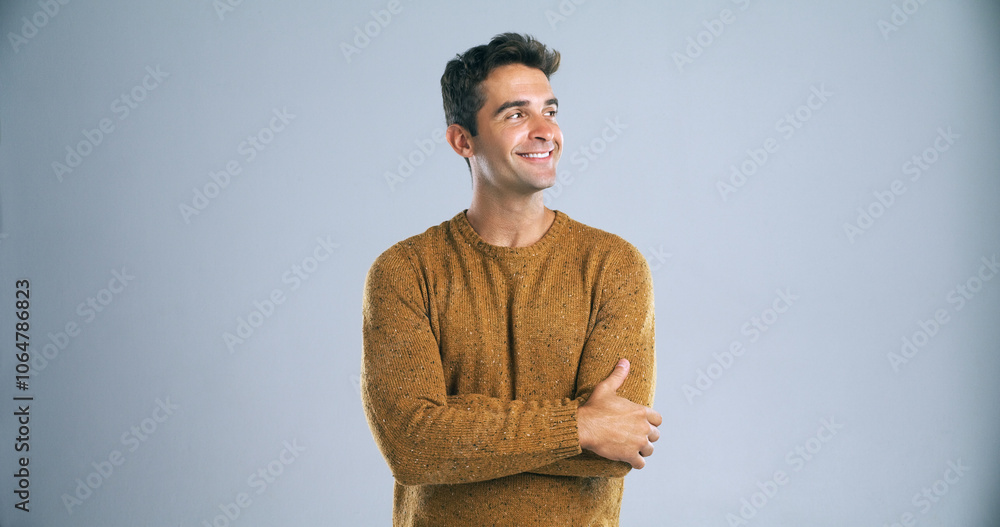 Poster studio, smile and man with arms crossed for thinking, planning and remember good memory by backdrop.