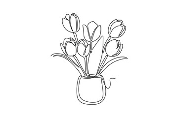 Continuous one line drawing beautiful tulips in vase. Real flower decoration. Sends fresh scent throughout the room. Plant display. National Flower Day. Single line design vector graphic illustration