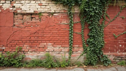 Distressed red brick wall with ivy vines, wildflowers, earthy, overgrown garden, landscape, rustic