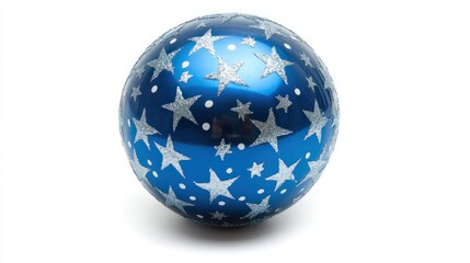 Shiny blue Christmas ball with silver star patterns, perfect for a holiday theme isolated on white