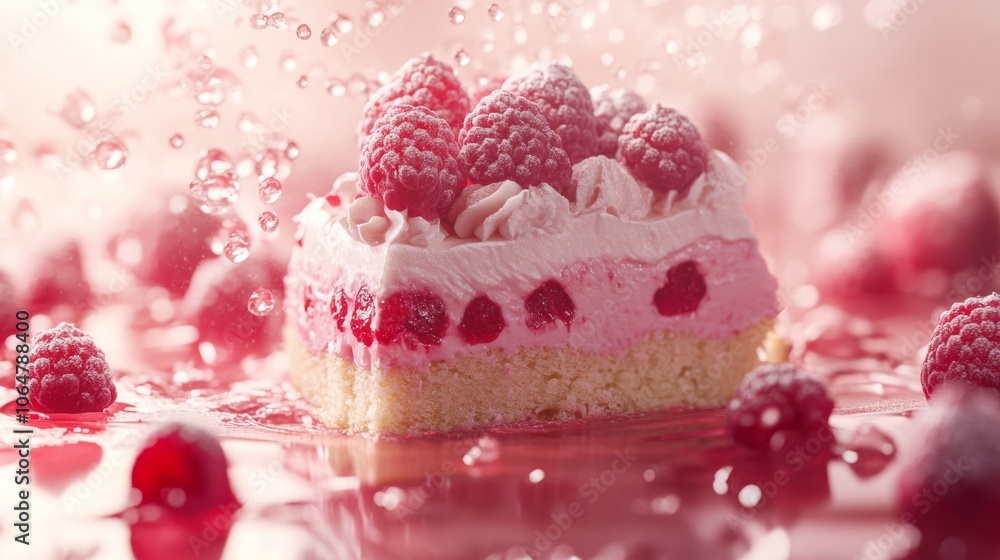 Poster a tempting raspberry layer cake sits elegantly on a glossy surface, adorned with fresh raspberries a