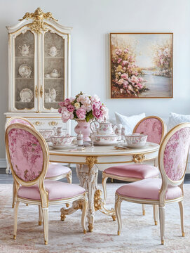A luxurious vintage dining room featuring pink and gold chairs, ornate furniture, floral decor, and a cabinet with fine china, exuding classic elegance
