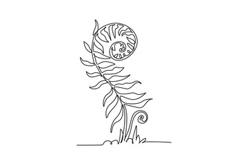 Single one line drawing cute tropical fern leaf plant. Printable decorative exotic houseplant concept for home wall decoration ornament. Modern continuous line draw design graphic vector illustration