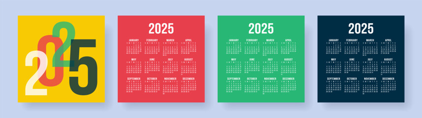 Calendar 2025 year. Square vector calender design template. English set. Week starts on Sunday. January, February, March, April, May, June, July, August, September, October, November, December