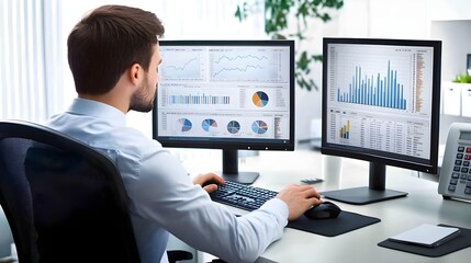 A professional analyzing complex data on dual computer monitors in a sleek office, with charts and graphs on the screens.