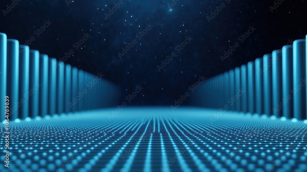 Poster abstract futuristic hallway with glowing blue columns and dotted floor pattern. 3d digital art backg