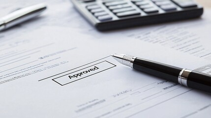 A close-up shot of a mortgage document with a bold "Approved" stamp, alongside a pen and a calculator, conveying finalization and success