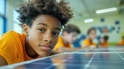 Young boy in yellow shirt closely examining solar panel indoors with children in background during educational science activity