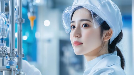 Female scientist wearing protective gear working in a laboratory. Research and biotechnology concept.