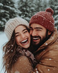 Smiling couple embracing joyfully in snowy winter forest wearing warm knitted hats and coats surrounded by falling snowflakes and evergreen trees