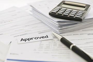 A stack of mortgage approval documents with "Approved" stamp on top, calculator and pen beside, representing final financial decisions