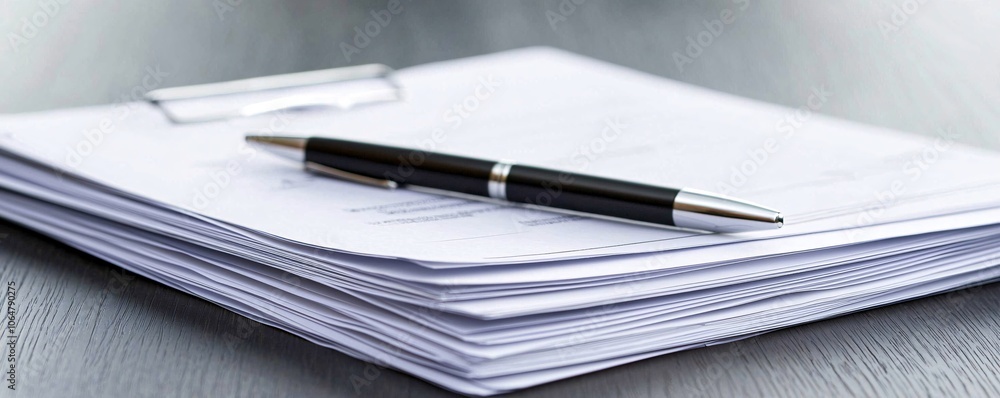Poster a row of documents on a desk shows mortgage loan rates and terms, with a pen resting on top, creatin