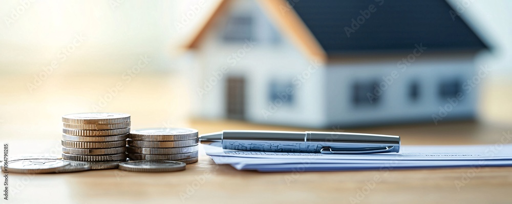 Poster a row of documents on a desk shows mortgage loan rates and terms, with a pen resting on top, creatin