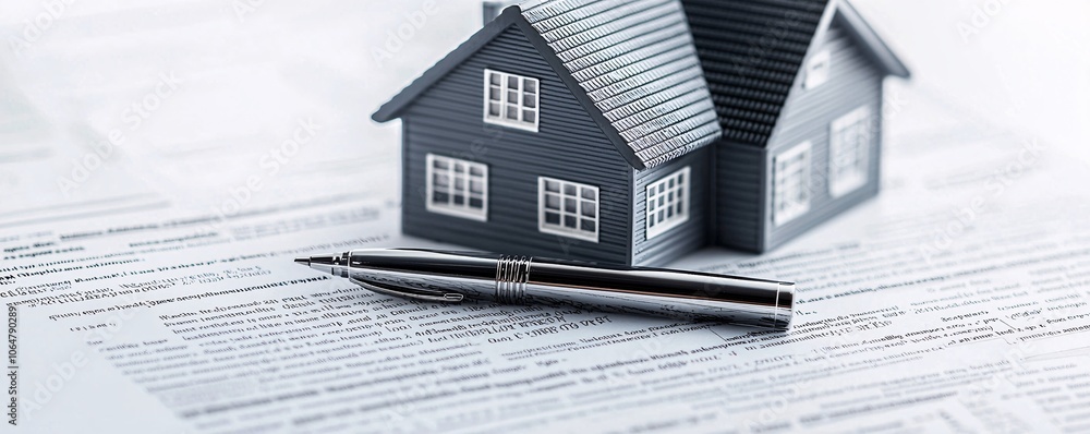 Poster a row of documents on a desk shows mortgage loan rates and terms, with a pen resting on top, creatin