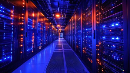 Fototapeta premium Modern Data Center with Vibrant Blue and Orange Lights Illuminating Rows of Advanced Server Racks in a High-Tech Environment