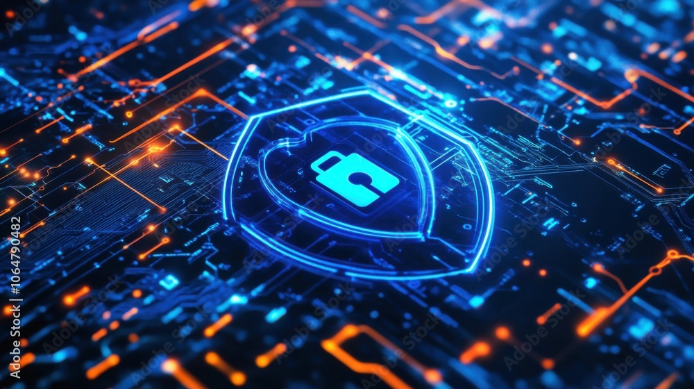 Poster digital security concept with lock symbol on circuit board
