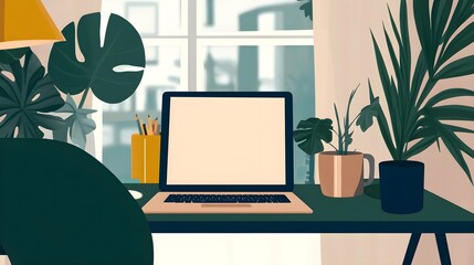 Fototapeta premium A professional working remotely in a stylish home office, with a laptop, coffee mug, and plants creating a comfortable work-from-home environment. 