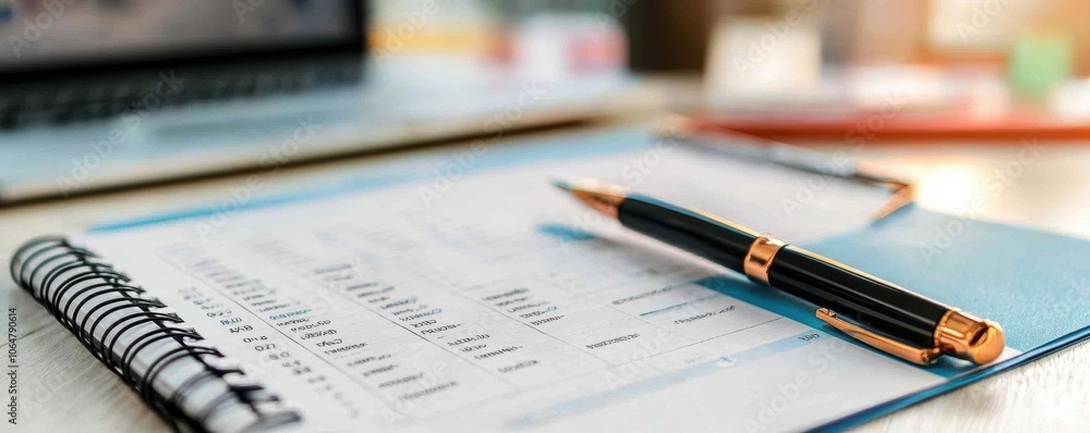 Aufkleber close-up of a pen resting on an open spiral notebook with financial documents