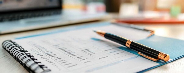 Fototapeta premium Close-up of a pen resting on an open spiral notebook with financial documents
