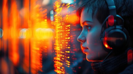 Futuristic Young Woman with Headphones Analyzing Data on a Digital Screen in a Neon-Lit Environment