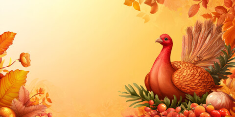 Autumn Still Life: A Cute Cartoon Hen with Pumpkins and Floral Elements, Perfect for Farm-themed Designs and Vintage-style Cards,Thanksgiving Background,Generated By Ai