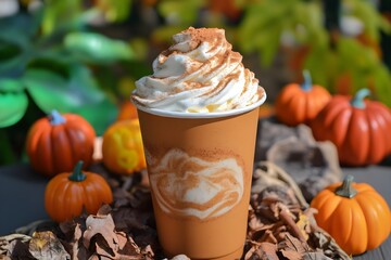 A pumpkin spice latte in a seasonal cup, topped with cinnamon and whipped cream, surrounded by tiny pumpkins and autumn decor.